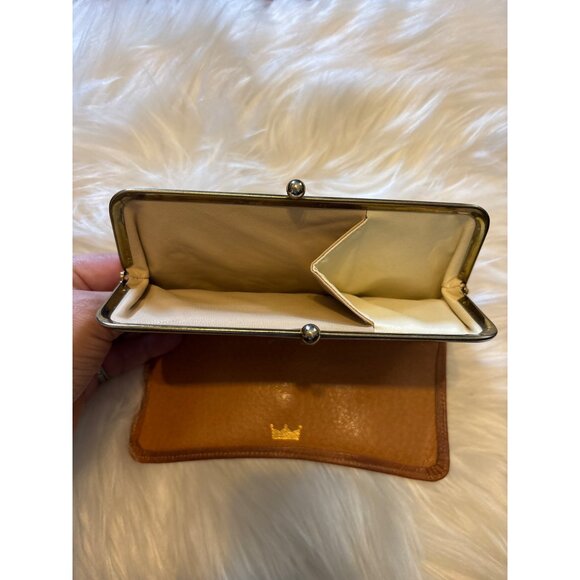 Vtg Antique Pigskin Leather Wallet With Gold-Tone Frame & Crown Detail Clutch - Picture 4 of 12